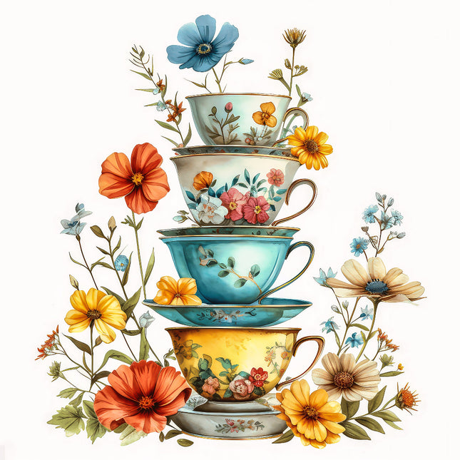 A stack of three teacups with floral patterns, each in different colors, with flowers around them, all on a white background.
