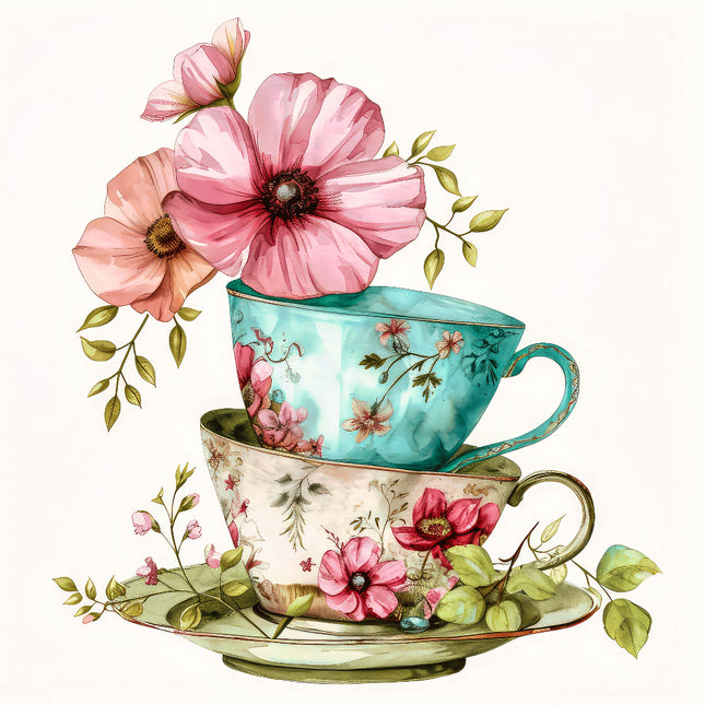 A fabric panel featuring a floral tea cups design with pink flowers and green leaves on a white background.