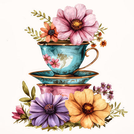 A fabric panel block featuring a floral tea cups design, with a teacup filled with flowers at the top, surrounded by additional colorful flowers and leaves on a white background.