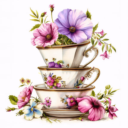 A stack of three white teacups with floral patterns, including large purple and pink flowers and green leaves fabric panel