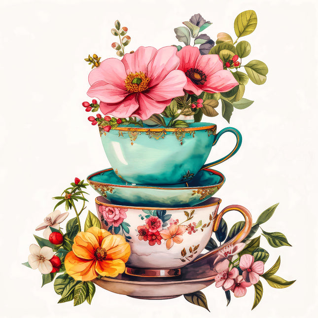 A fabric panel featuring a floral design with teacups and various flowers, including pink, yellow, and red flowers, on a white background.