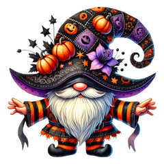A digitally printed fabric panel featuring a whimsical Halloween gnome with a striped hat decorated with pumpkins, stars, and a purple flower.
