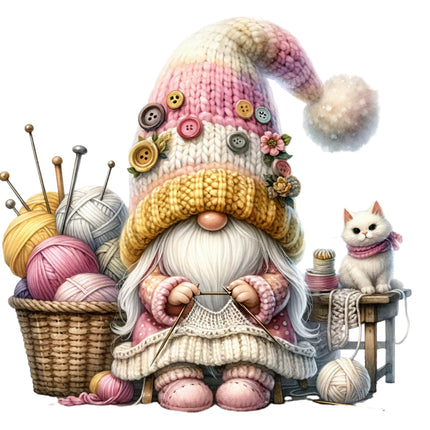 A digitally printed 100% cotton fabric panel featuring a cute gnome with a knitting theme, accompanied by yarn and a cat.