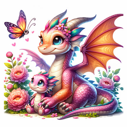 Colorful dragon and baby dragon surrounded by flowers fabric panel