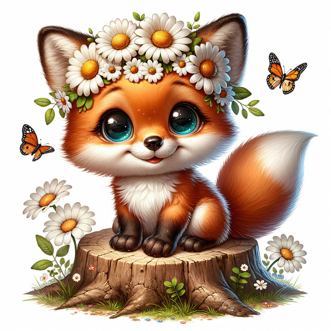 A digitally printed fabric panel featuring a cute fox with flowers on its head, sitting on a stump surrounded by butterflies and flowers.