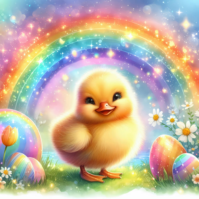 Cartoon chick with rainbow and Easter eggs fabric panel
