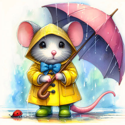Illustration of a mouse in a yellow raincoat with an umbrella and a ladybug on a colorful background fabric panel
