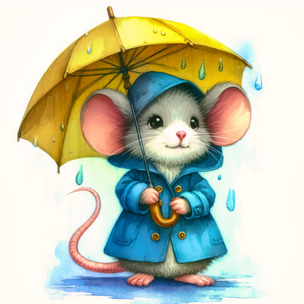 Illustration of a mouse holding a yellow umbrella fabric panel