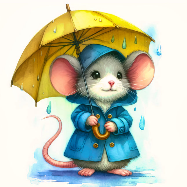 Illustration of a mouse holding a yellow umbrella fabric panel