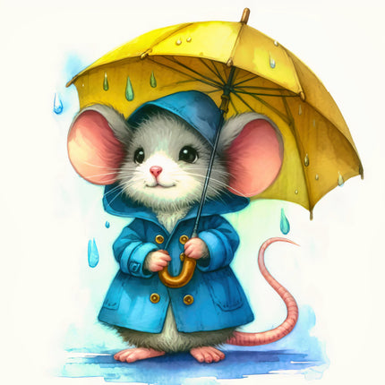 mouse holding a yellow umbrella with raindrops fabric panel