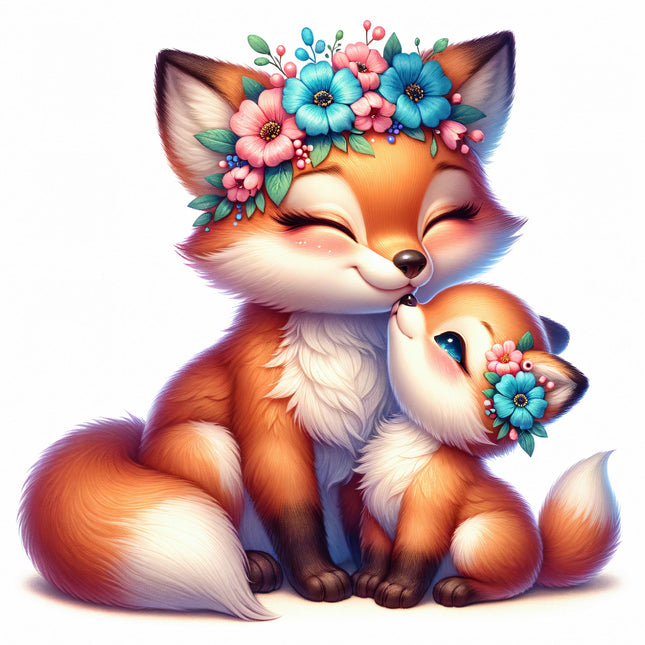 A digitally printed fabric panel featuring a stylized fox wearing a floral crown and a smaller fox cub beside it.