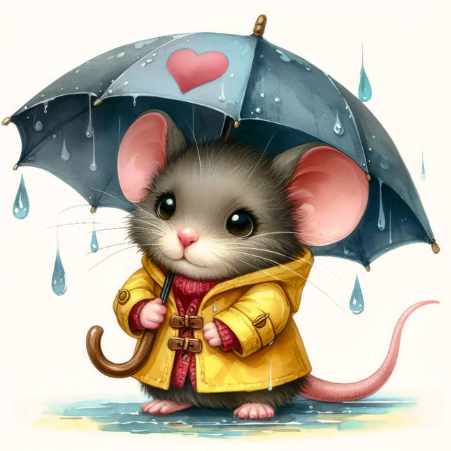 mouse holding an umbrella with a heart design, wearing a yellow raincoat fabric panel