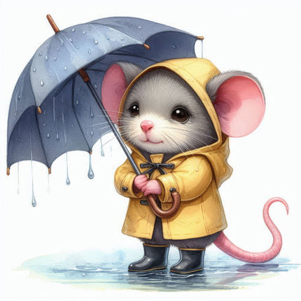A digitally printed fabric panel featuring a cute mouse wearing a yellow raincoat and holding a blue umbrella, standing in water.