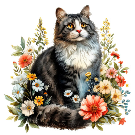 A fabric panel featuring an image of a cat with floral designs.