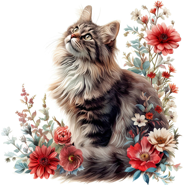 A fabric panel featuring an illustration of a cat with floral designs in the background.