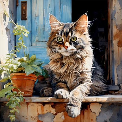 A fabric panel featuring a digitally printed floral cat design on a blue background with a pot of green plants to the left.