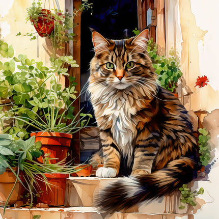 A fabric panel featuring a digitally printed cat with floral elements, intended for quilting and sewing.