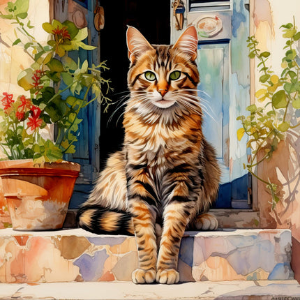 A digitally printed 100% cotton fabric panel featuring a realistic image of a tabby cat