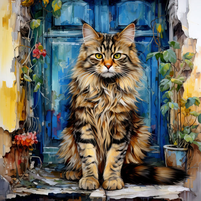 A digitally printed 100% cotton fabric panel featuring a realistic image of a long-haired cat with green eyes