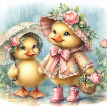 A digitally printed 100% cotton fabric panel featuring two cartoon ducks, one with a pink umbrella and the other with a basket of flowers, surrounded by floral elements and rain.