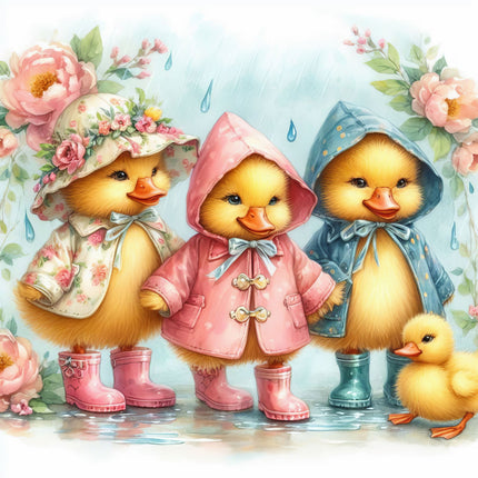 A digitally printed 100% cotton fabric panel featuring cartoon ducks wearing raincoats and boots, with a floral background and rain drops.