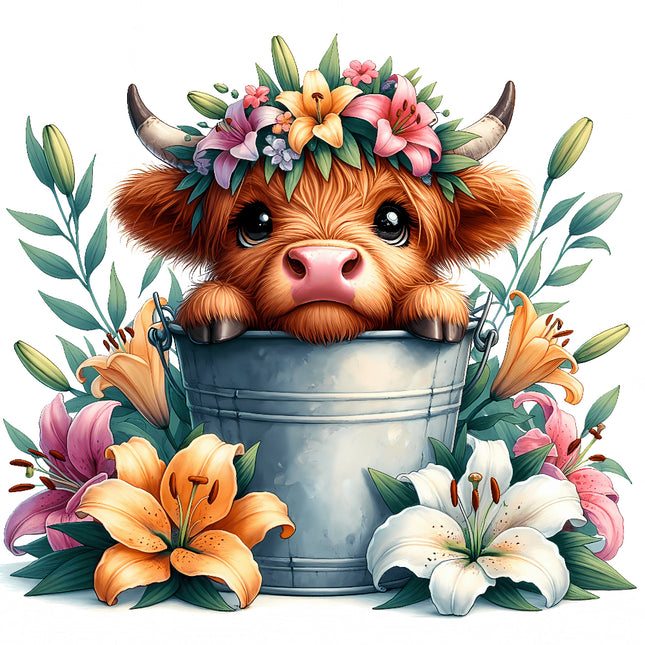 A digital illustration of a Highland cow with floral wreath sitting inside a bucket, surrounded by colorful flowers such as lilies.