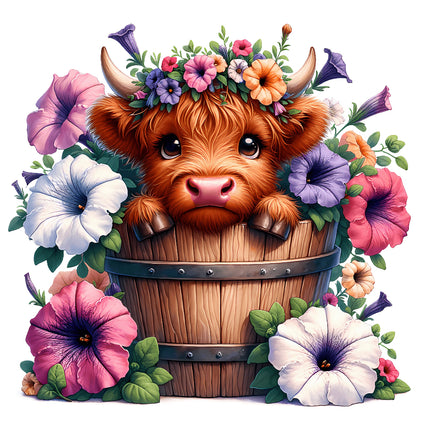 A digitally printed 100% cotton fabric panel featuring a floral design with a cow's head in a barrel, surrounded by colorful flowers.