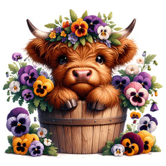 A fabric panel featuring a digital print of a Highland cow with flowers around its head, seated in a bucket with more flowers around it.