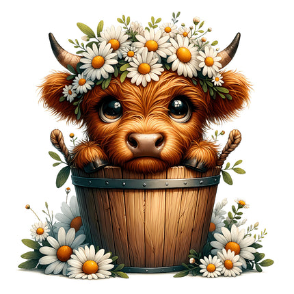 A digitally printed 100% cotton fabric panel featuring a floral design with a highland cow inside a bucket, surrounded by daisies.