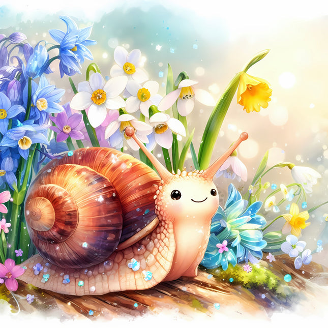 A digitally printed fabric panel featuring a smiling snail with a brown shell surrounded by colorful flowers such as daffodils and buttercups, with a blurred background.