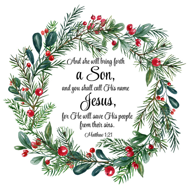 A 100% cotton fabric panel with a Christmas-themed design, featuring greenery, red berries, and the text 'And she shall bring forth a Son, and you shall call His name Jesus, for He will save His people from their sins. Matthew 1:21'.
