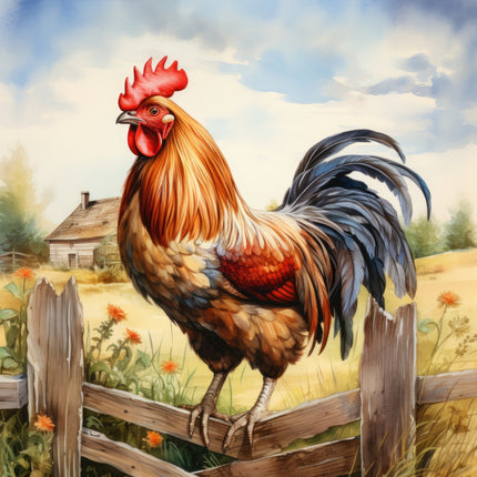 Colorful rooster on a wooden fence with a barn fabric panel