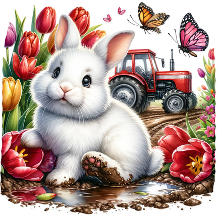 A fabric panel featuring a white rabbit with tulips and a red tractor in the background.