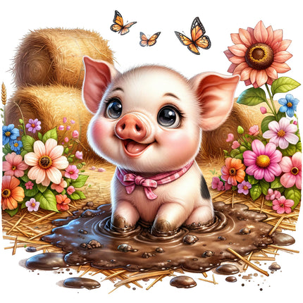 A digitally printed fabric panel featuring a cheerful pig sitting in mud with flowers and butterflies around it.