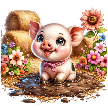 pig in a muddy puddle with flowers and hay fabric panel
