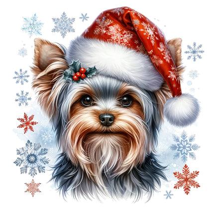 A fabric panel block featuring a digitally printed image of a Yorkshire Terrier wearing a Santa hat, with a background of snowflakes.