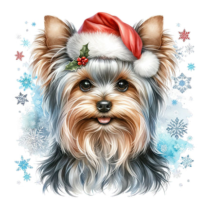 A digitally printed 100% cotton fabric panel featuring a Yorkshire Terrier wearing a Santa hat with snowflake decorations in the background.