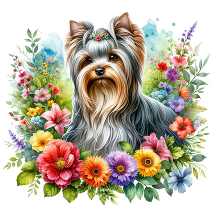 A fabric panel featuring a digital print of a Yorkshire Terrier dog with flowers around it.