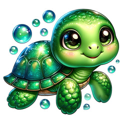 A digitally printed 100% cotton fabric panel featuring a cute green turtle with bubbles.