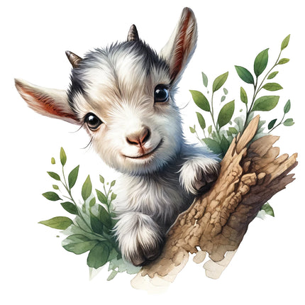 A digitally printed fabric panel featuring a cute goat sitting on a branch with leaves around it.