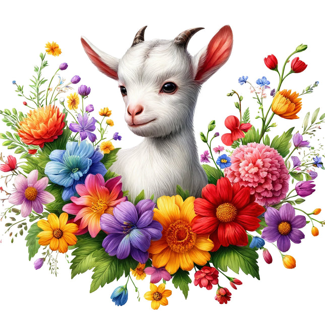 A fabric panel featuring an image of a goat with flowers around it.