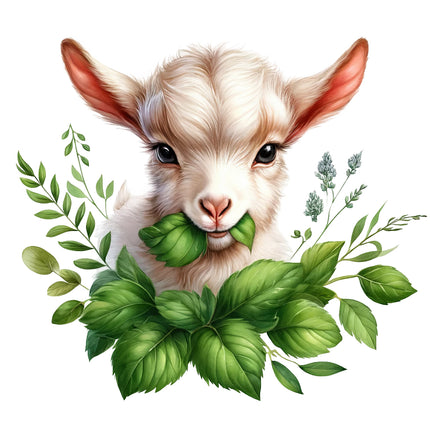 A digitally printed fabric panel featuring a beige goat with green leaves and herbs in the background.