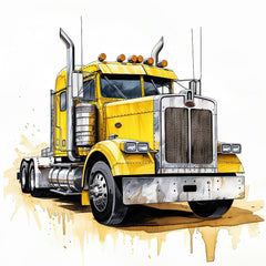 A digitally printed fabric panel featuring a yellow semi truck with a black grill and orange details, with a watercolor style finish.