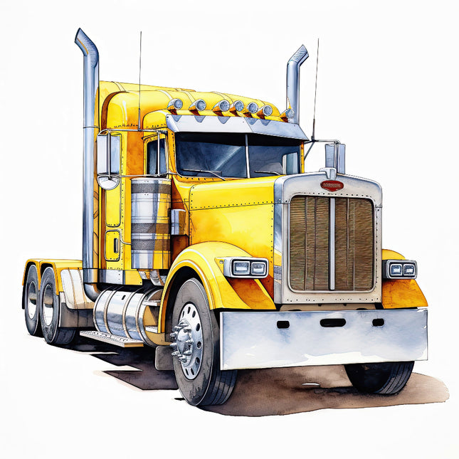 A digitally printed fabric panel featuring a yellow semi truck
