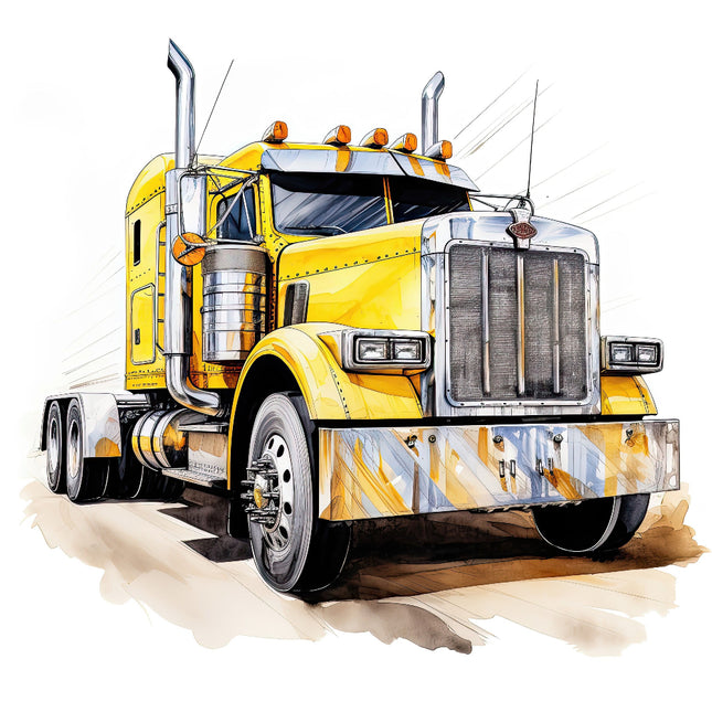 A digitally printed 100% cotton fabric panel featuring a yellow semi truck.