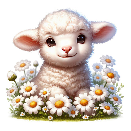 A digitally printed 100% cotton fabric panel featuring a cute sheep surrounded by daisies.