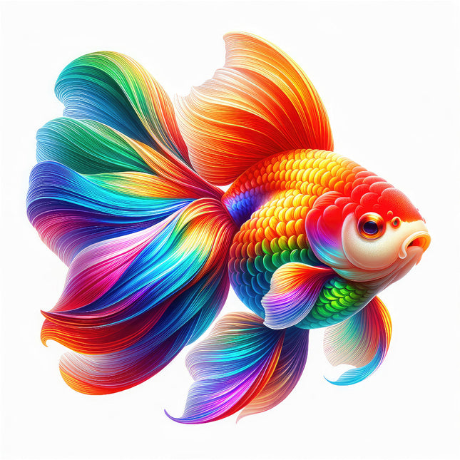 A digitally printed 100% cotton fabric panel featuring a vibrant multicolored goldfish with a long, flowing tail and fin.