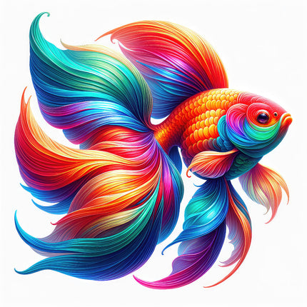 A digitally printed 100% cotton fabric panel featuring a vibrant multicolored goldfish with a long, flowing tail and fins.