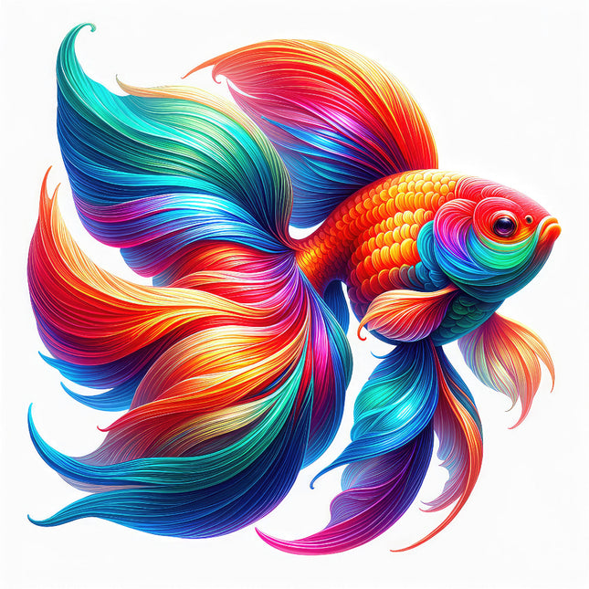 A digitally printed 100% cotton fabric panel featuring a vibrant multicolored goldfish with a long, flowing tail and fins.