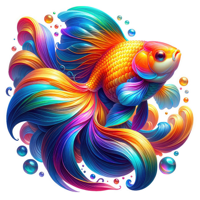 A digitally printed 100% cotton fabric panel featuring a vibrant, multicolored goldfish with fin and tail spread out in a circular pattern with water droplets around it.